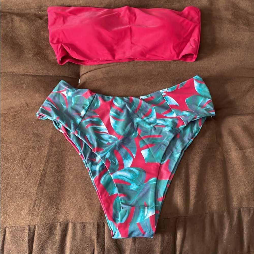 Red and green bikini with palm motif